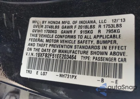 2014 Honda Civic Lx из США, поврежденный, VIN 19XFB2F51EE203464